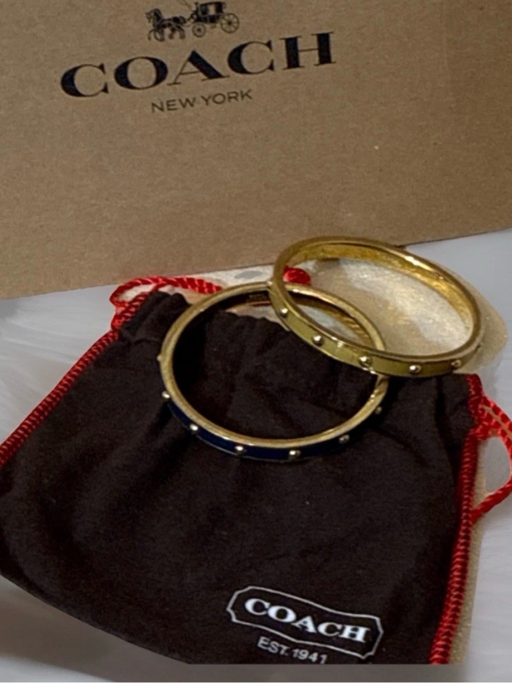 Coach Enamel Stud-Nailhead 1/4  “Gold Tone” Bangles Stackable Bracelet Set ~EC~